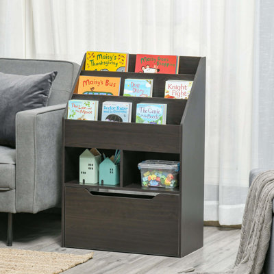 Bibliothèque pour enfants avec étagères multiples et tiroir de rangement pour livres, salle de jeux, brun