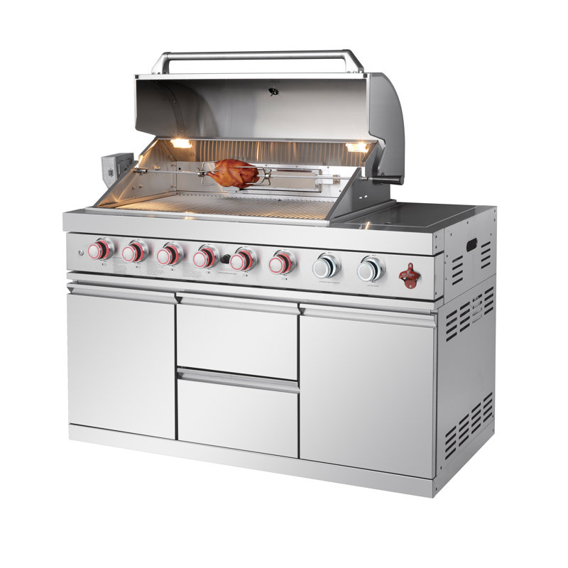 Îlot de cuisine extérieur 95,8 pouces 6 + 1 brûleur barbecue au gaz propane 95 500 BTU acier inoxydable 304 couleur argent avec CSA, certification ETL + évier + réfrigérateur + table de bar
