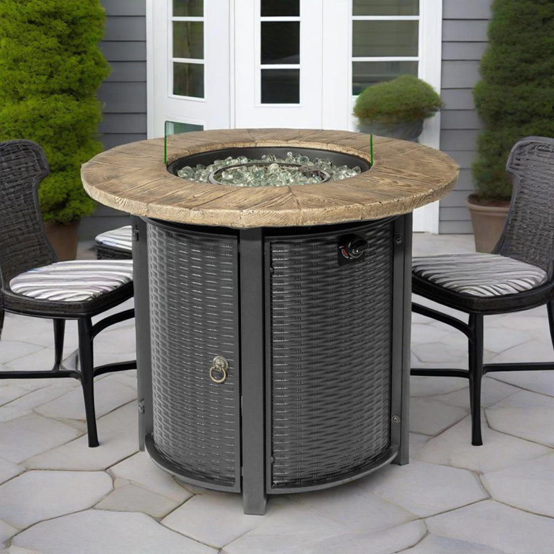 Stylish Wood-Grain Fire Pit Table with Glass Stones and Multi-Functional Design for Outdoor Gatherings