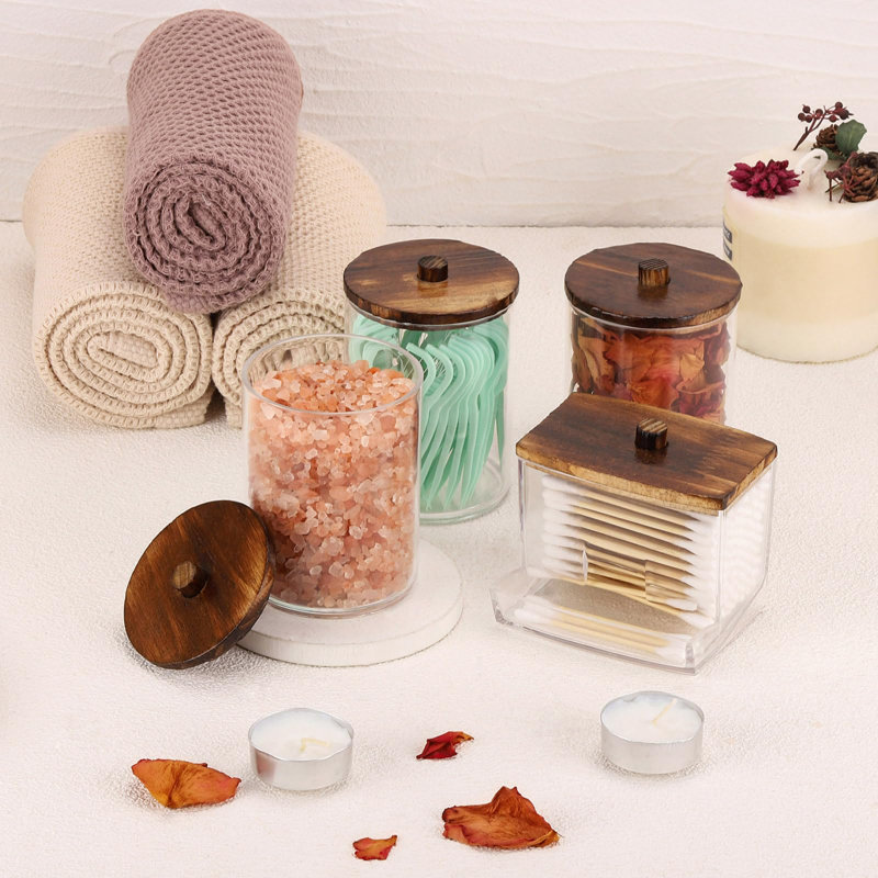 Ensemble de 4 contenants pour salle de bain Cotton Swab, distributeur de coton / écouvillons 10 / 7Oz, pot d'apothicaire avec couvercles en bambou pour rangement et rangement, brun