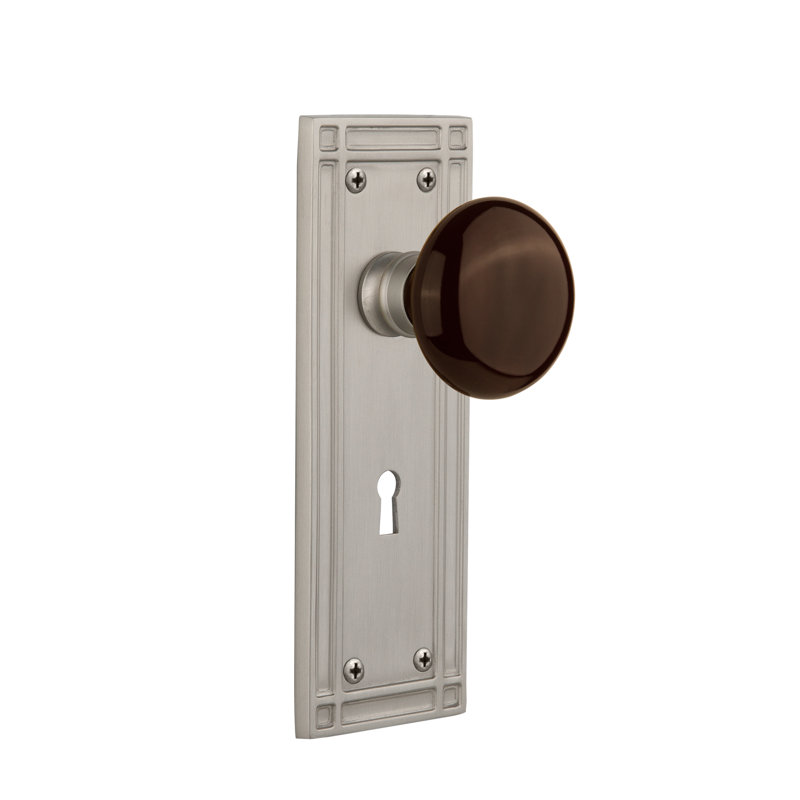 Mission Plate with Decorative Keyhole and Brown Porcelain Door Knob, Satin Nickel, 2-3/4”