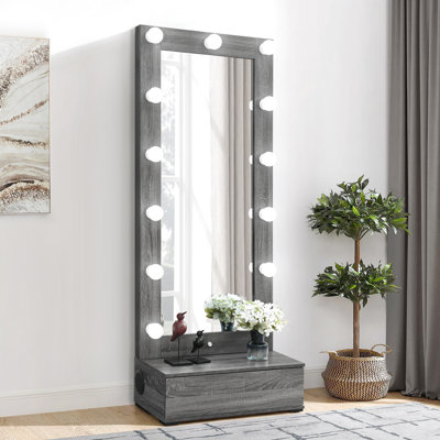 Miroir de plancher gris avec tiroir, DEL et haut-parleurs, bois massif + fabrication, idéal pour les petits espaces de yoga en bois +, saunas parfaits