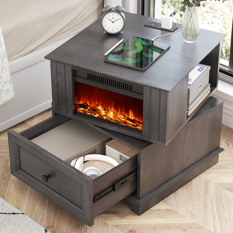Aldama 23" Tall Rotating End Tables with Storage Drawer and Built-in Outlets, Dark Gray