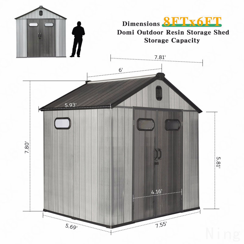 Remise de rangement extérieure en résine 8 x 6 pi avec porte verrouillable, remises extérieures imperméables avec fenêtres et évents, remise en plastique robuste pour outils