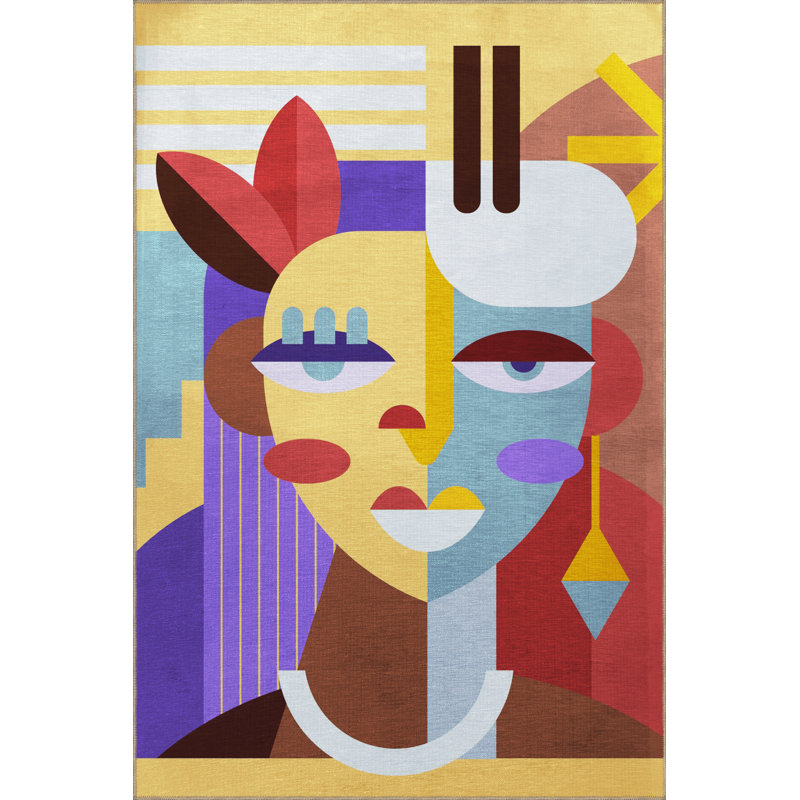 Tapis décoratif moderne multicolore à motif de portrait de femme, Rectangle 3 pi 11,24 po x 5 pi 10,87 po