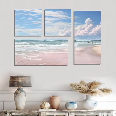 «Pink Minimalisme Beach Landscape III» - impressions nautiques sur toile 4 panneaux