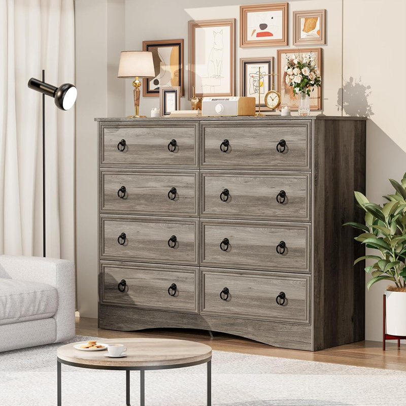 47 Inch Dresser For Bedroom, 8 Drawer Dresser With Large Drawers, Mid Century Modern Wide Wood Chest For Living Room, Hallway, Brownish Grey Color