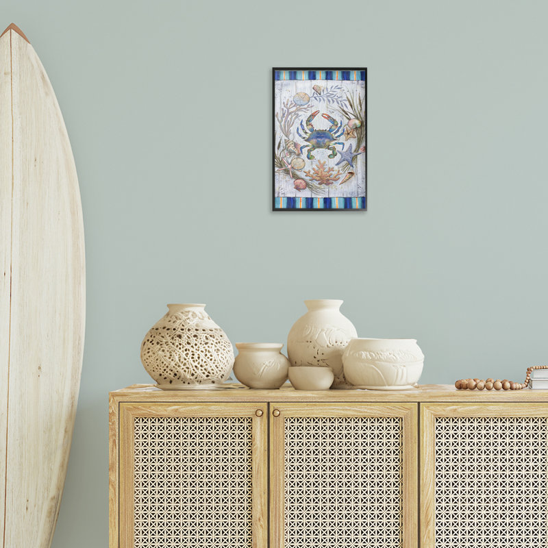 «Coastal Wreath» et crabe gris, estampe numérique par Geoff Allen, H 18 po x l 12 po, Giclée encadrée noir minuit