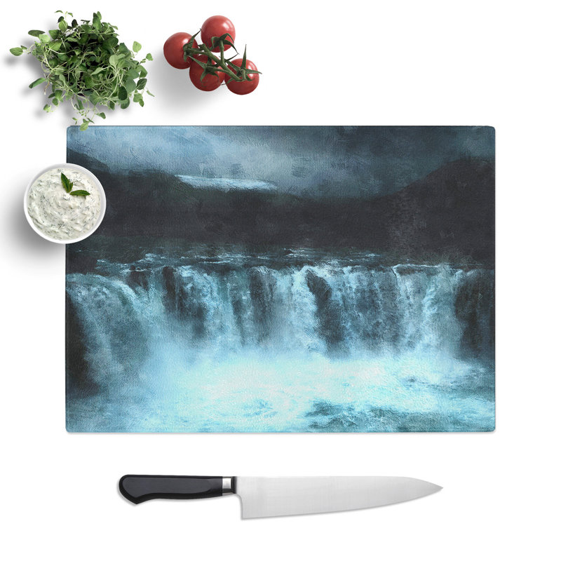 Moody Waterfall in Iceland Painting Chopping Board, 0.4cm H x 28.5cm W x 39cm L