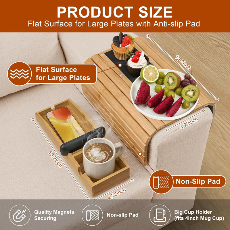 Couch Cup Holder, 3-In-1 Magnetic Detachable Couch Arm Tray, Bamboo Sofa Armrest Table With Anti-Slip Pad, Sofa Armrest Tray Table (Natural)