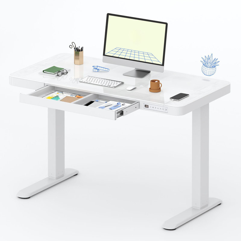 Bureau debout électrique réglable en verre 48 po avec tiroir, ports USB, Blanc