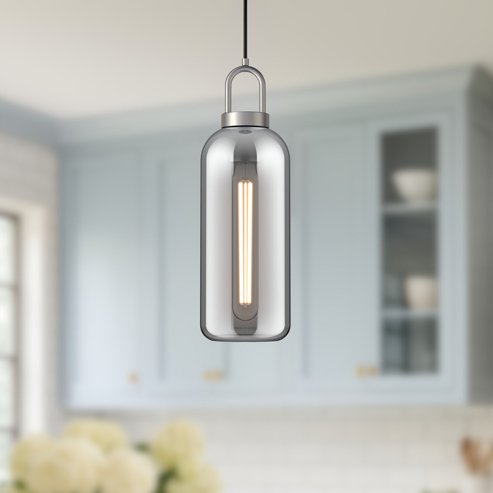Minneapolis Single Light Glass Pendant, Brushed Nickel, Smoke, 14.875" H x 5.125"W  x  5.125" D 