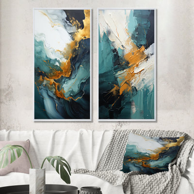 Or et vert cascade de marbre blanc I - ensemble de 2 reproductions d'art sur toile