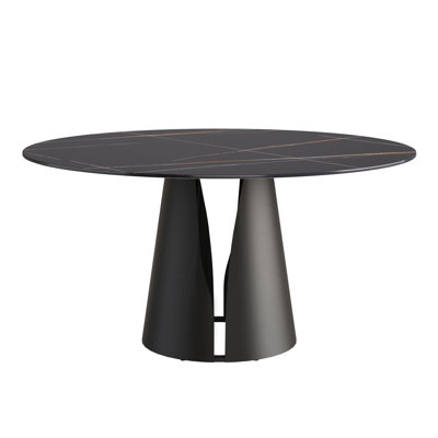 Table de salle à manger noire en acier au carbone avec surface ronde en pierre frittée de 60,57 po pour 6 personnes