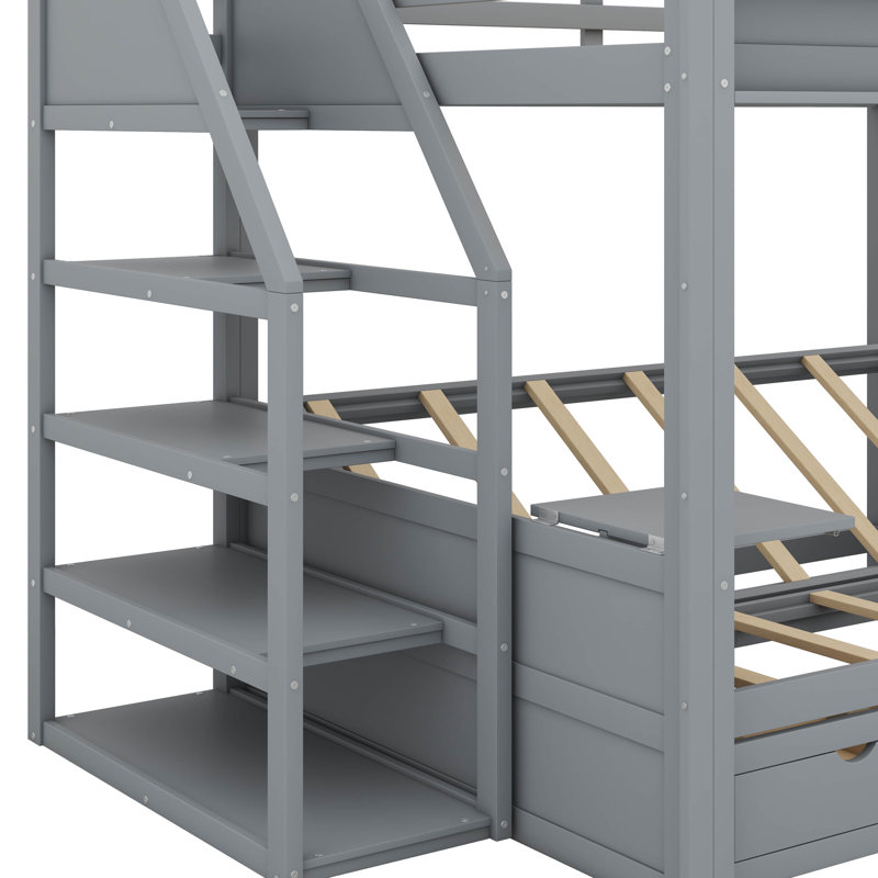Lit superposé convertible double en bois avec escalier de rangement, table d'appoint et 3 tiroirs, Gris