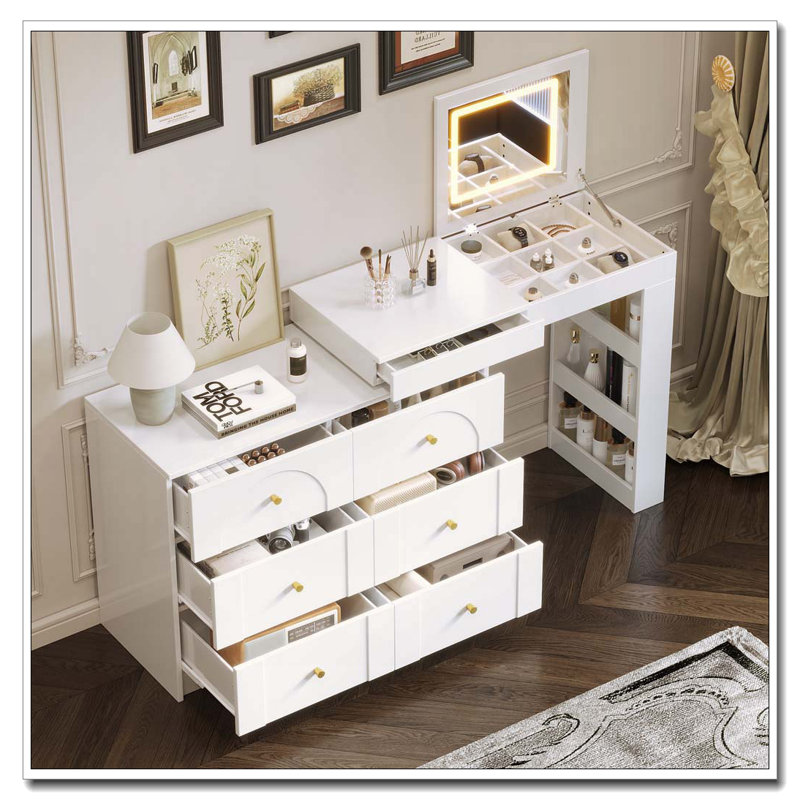 Bureau de coiffeuse avec miroir rabattable et lumières DEL