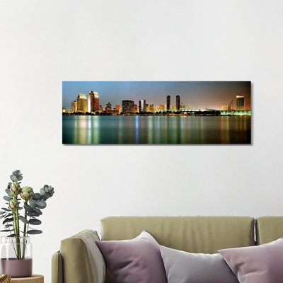 City Skyline At Night, San Diego, California, USA - Wrapped Canvas Panoramic Print