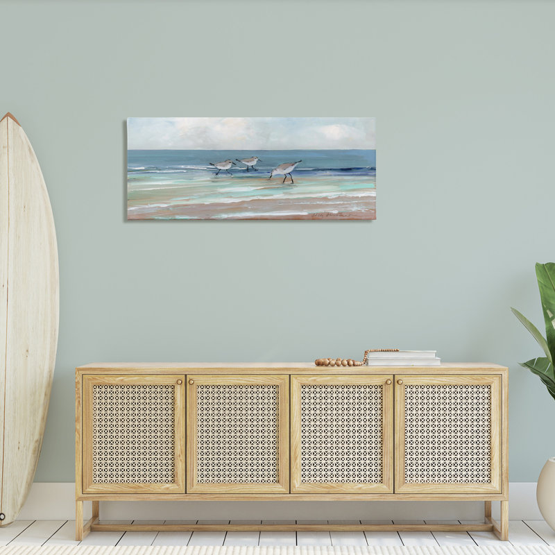 «Panoramic Sandpipers on Shoreline», art mural sur toile par Sally Swatland, H 20 po x l 48 po