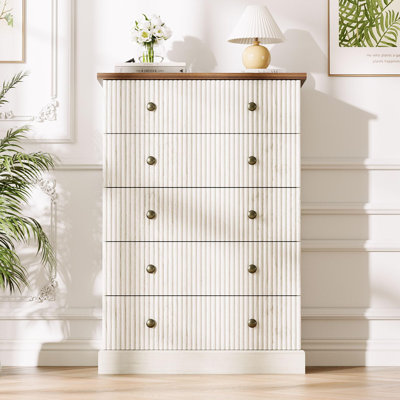 5 Drawer Tall Dresser, Fluted Vertical Chest with Metal Handles, Wood Storage Dresser for Bedroom, Apartment, Guest Room