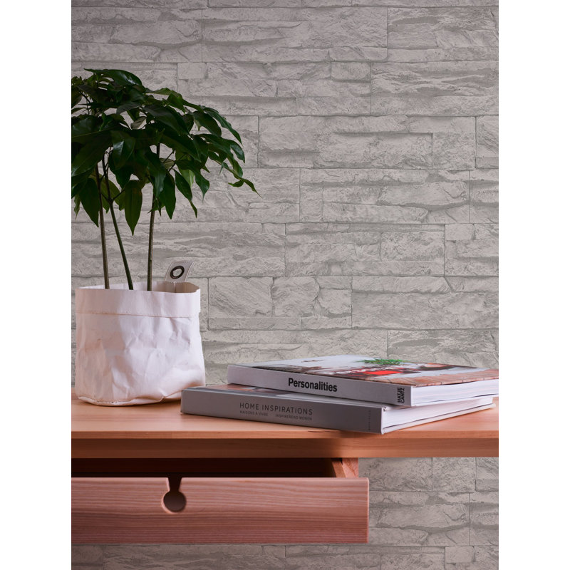 Bricks and More Collection Wide Granite Slabs Wallpaper Roll, Gray