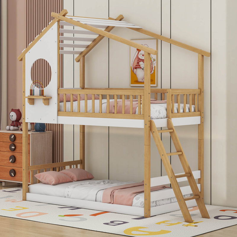 Kids Twin Over Twin Bunk Bed, Natural/White