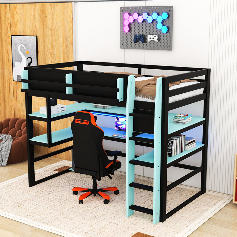Wood Loft Bed with Shelves and Built-in USB Ports and RGB LED Lights, Twin, Cloud Blue