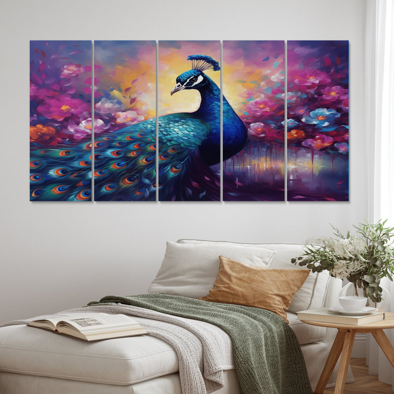 Vibrant paon II - décoration murale animaux - 5 panneaux égaux