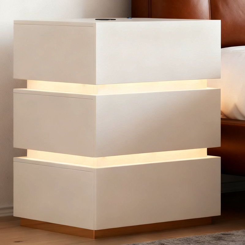 3-Drawer LED Smart  Nightstand with Light, White