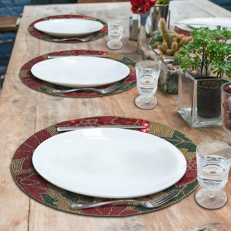 Glass Floral Round Beaded Placemats Set with Elegant Poinsettia Design for Christmas Table Decor