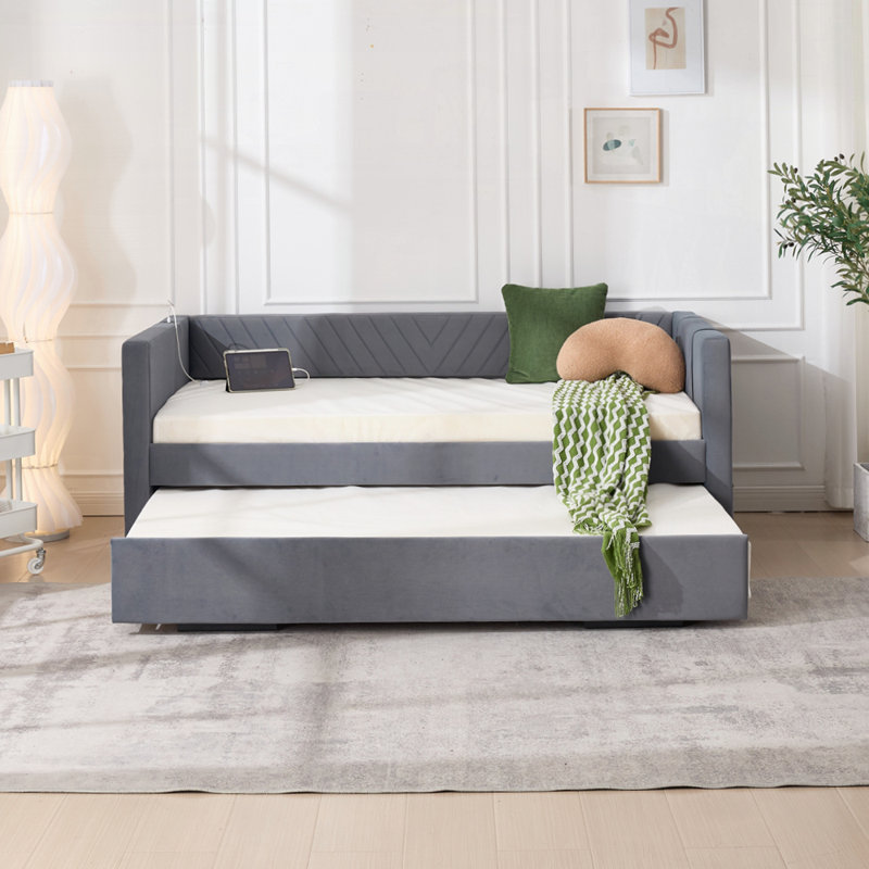 Modern V-Grained Bed with Trundle, USB Port, and Side Pockets for Convenience and Space Efficiency, Gray