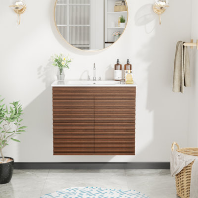 Wall-mount Walnut  Bathroom Vanity With Sink