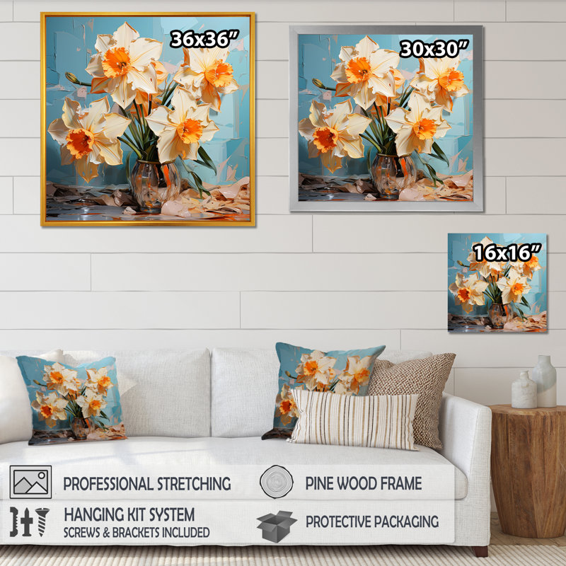 Jonquilles fleuries avec un pinceau féroce, H 36 po x l 36 po x P 1,5 po, Cadre flottant blanc