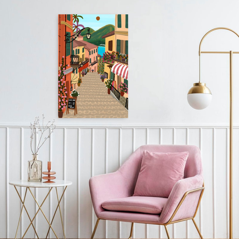 Art mural côtier coloré avec vue sur les marches méditerranéennes, H 24 po x l 16 po