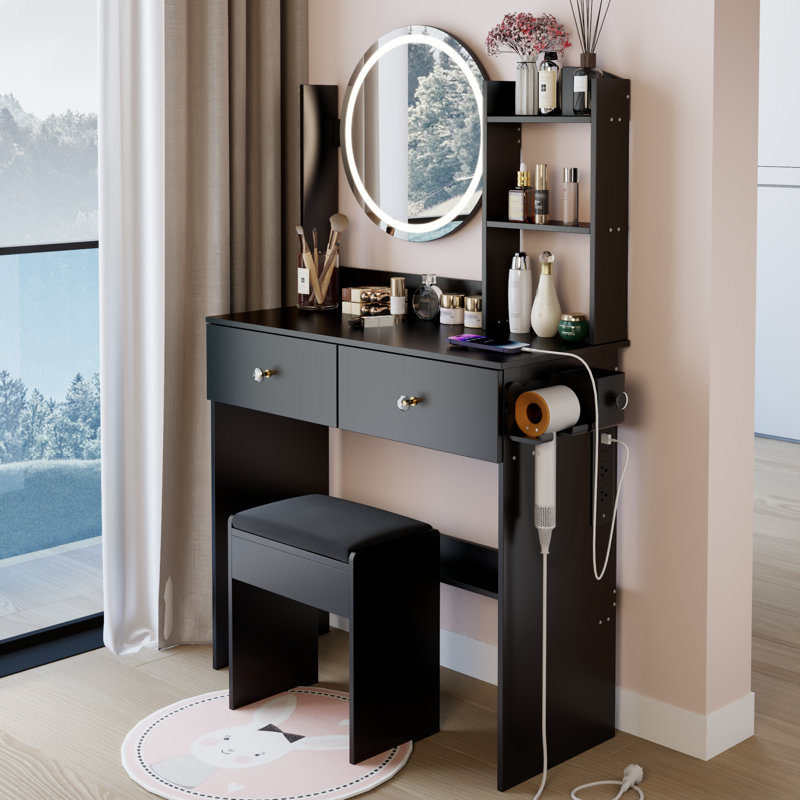 Meuble-lavabo à miroir rond de 17 po à DEL avec tabouret rembourré, équipé de 2 prises CA + 2 prises USB, grand miroir, interrupteur tactile, 3 couleurs, luminosité réglable, grand bureau, rangement multicouche à grande capacité