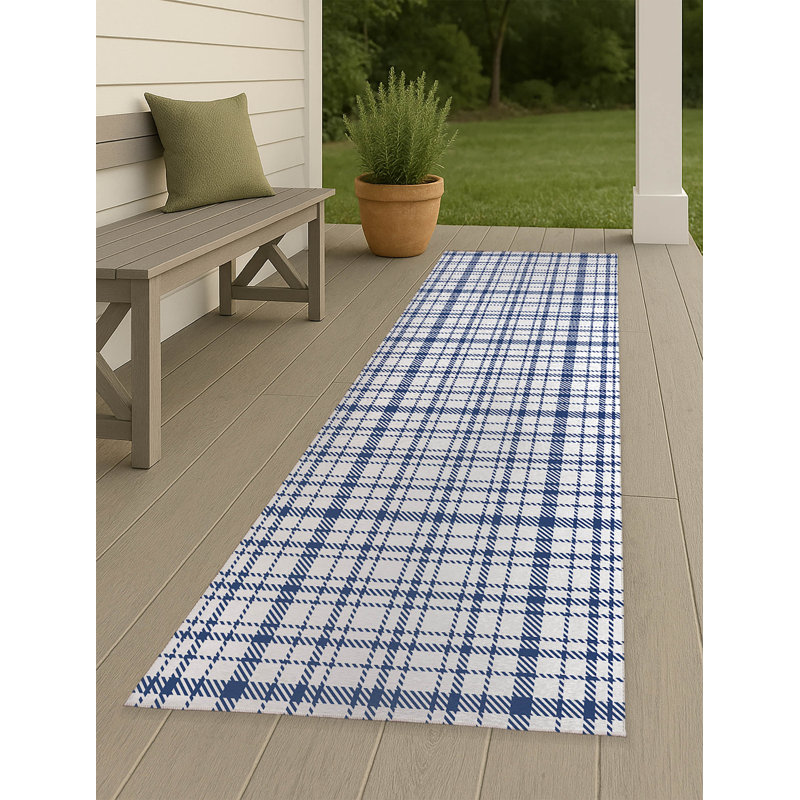 Liz Plaid Non-Slip Outdoor Rug, Runner 2'6" x 8'