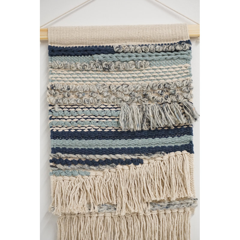 Hand Woven Wall Hanging, Blue/Irovy, 27" H x 13" W