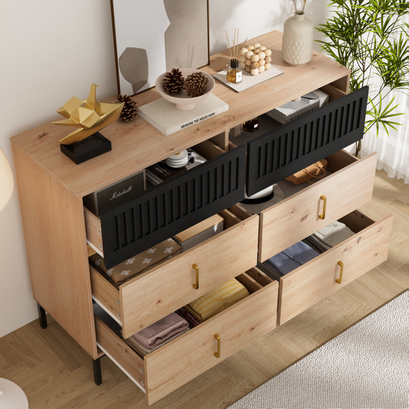 Cejas 46.3" W 6-Drawer Bamboo Double Dresser, Black