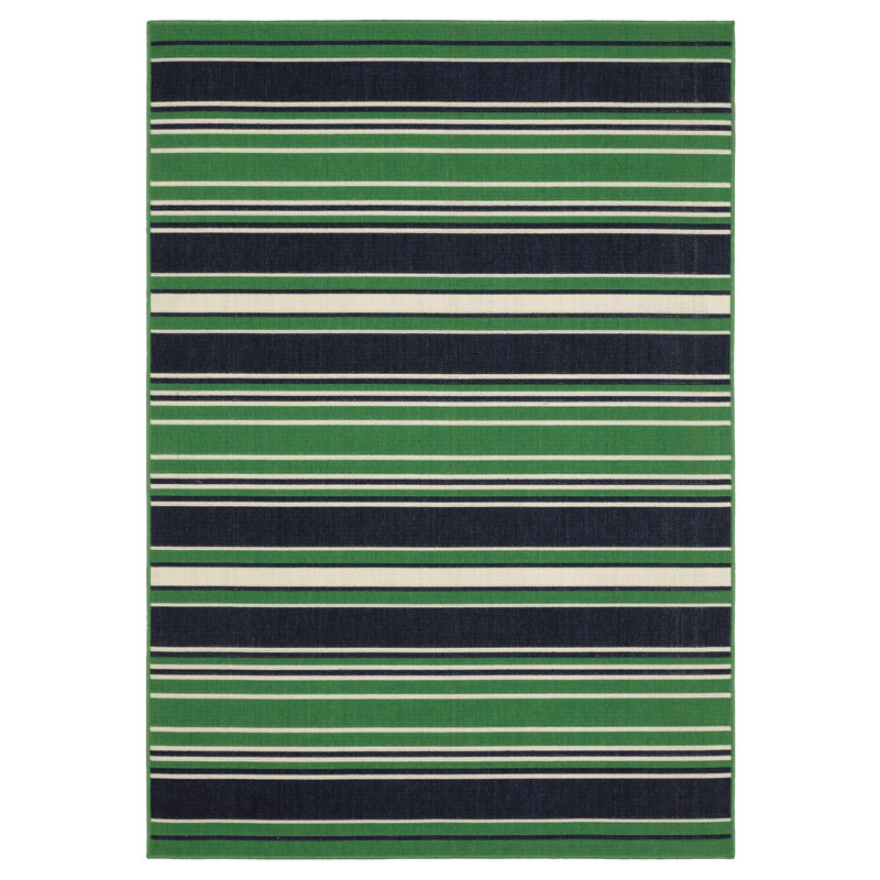 Sherley Preppy Stripe Green/ Navy Indoor-Outdoor Area Rug, Rectangle 5'3" x 7'3"