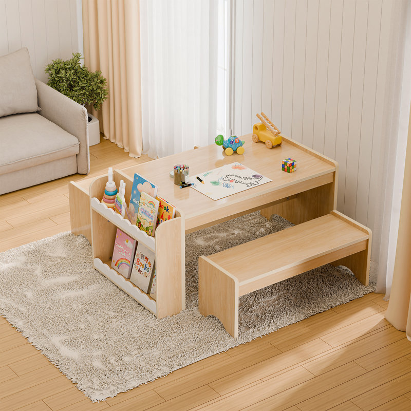 Kids Table And Chairs Set, Kids Table And Bench Set, Wooden Activity Table, Indoor Kid Craft Tables With Storage, Toddler Desk For Home, Classroom