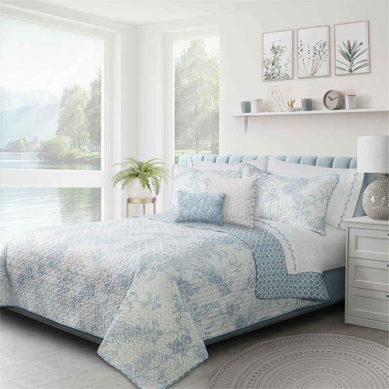 Ensemble de courtepointe réversible en microfibre , Bleu, Courtepointe double / grand et 2 taies décorative