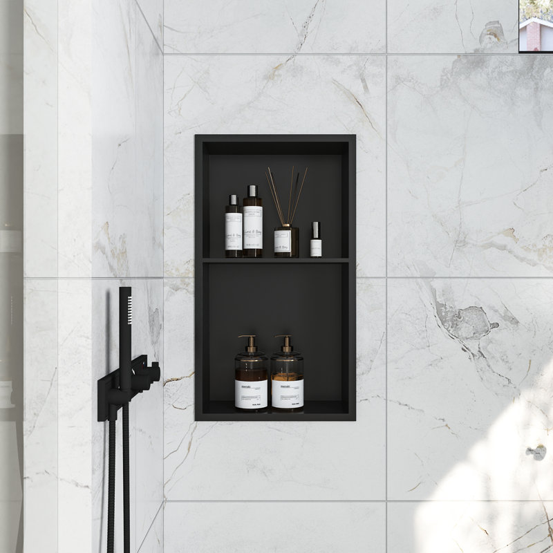 Étagère pour niche de salle de bain 14 po x H 25 po, installation horizontale verticale, acier inoxydable, noir mat