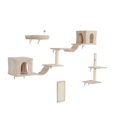 Wall-Mounted Cat Tree, Cat Furniture With 2 Cat Condos House, 3 Cat Wall Shelves, 2 Ladder, 1 Cat Perch, Sisal Cat Scratching Posts And Pad