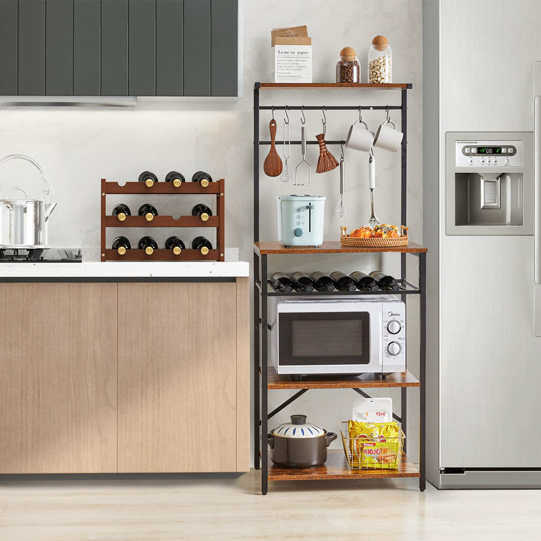 Kitchen Baker's Rack, Microwave Oven Stand With Storage Shelves, Industrial Coffee Bar Station, With Adjustable Wine Holders And S-Hooks