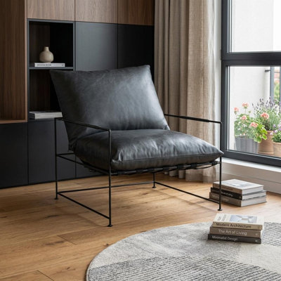 Fauteuil en cuir véritable noir vieilli de 28 pouces