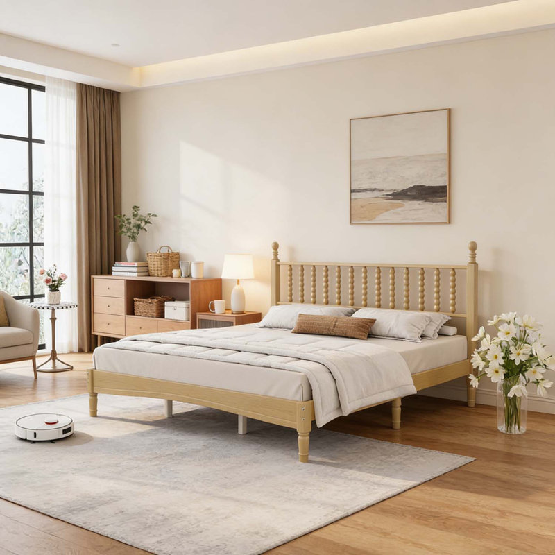 Lit plateforme en bois de style rétro avec tête de lit en forme de gourde, Très grand lit