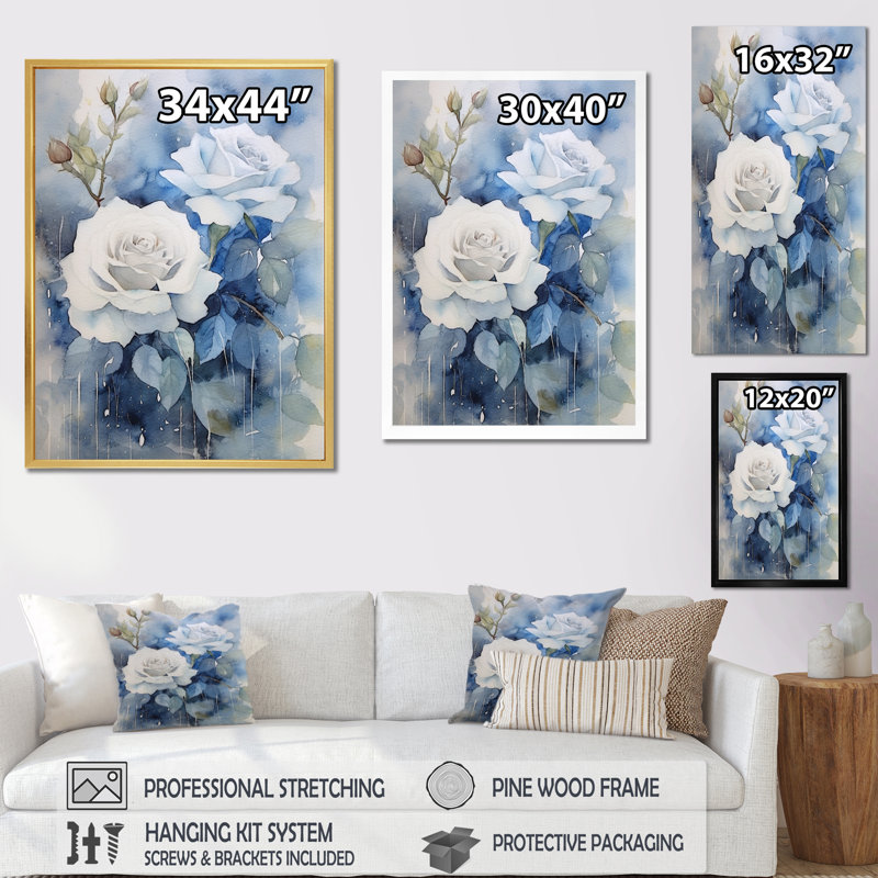 Art floral sur toile rose, impression de fleur bleu crème, H 44 po x l 34 po x P 1,5 po, Cadre flottant doré