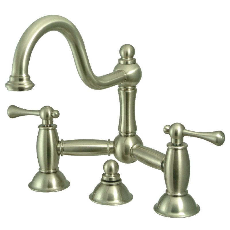 Kingston Brass Restoration Two-Handle 3-Hole Deck Mount Bridge Bathroom Faucet with Brass Pop-Up, Brushed Nickel