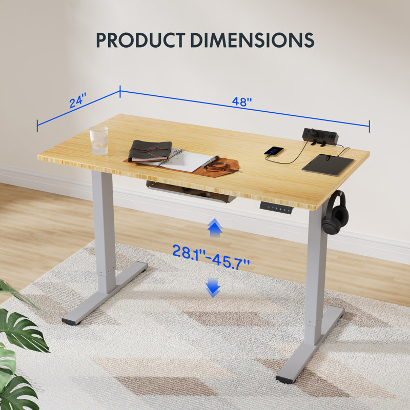 Bureau debout à hauteur ajustable Eric, bureau 100% bambou, H 45,7 po x l 48 po x P 24 po, gris