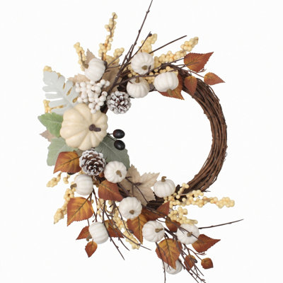23.6‑Inch Neutral Fall Rattan Wreath With White Pumpkins, Frosted Pinecones, Berries and Autumn Maple Leaves, Farmhouse‑Style Front‑Door Wreath for Thanksgiving Harvest Decor