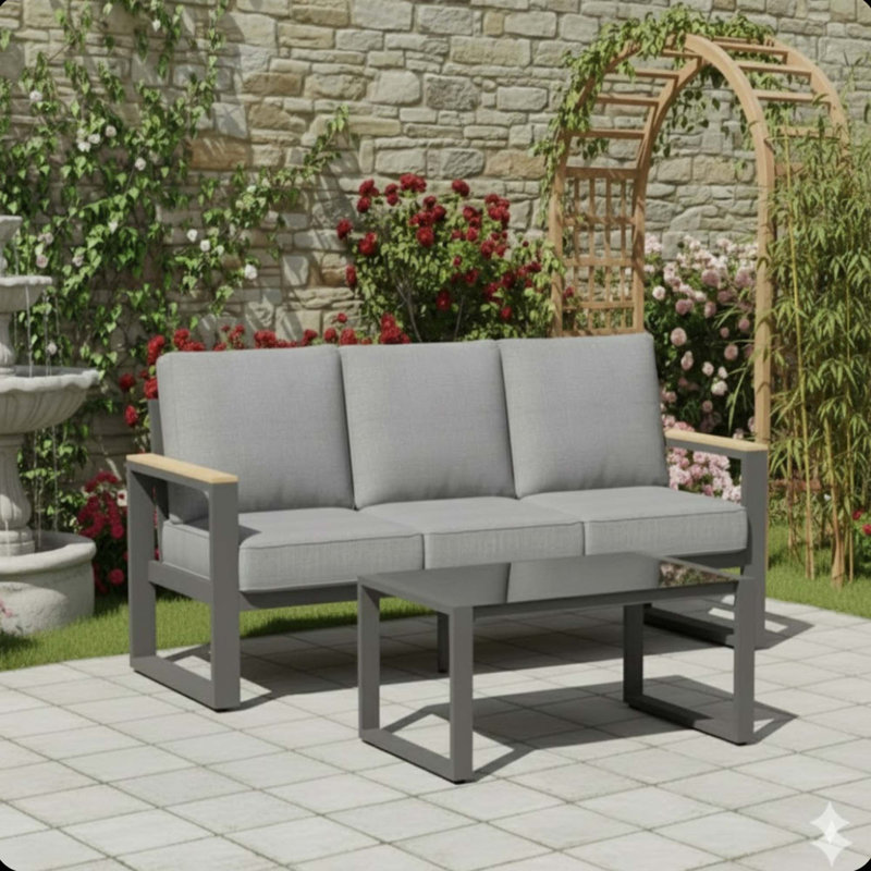 All-Weather Outdoor Sofa Set with Ergonomic Reclining and Tempered Glass Table, Gray